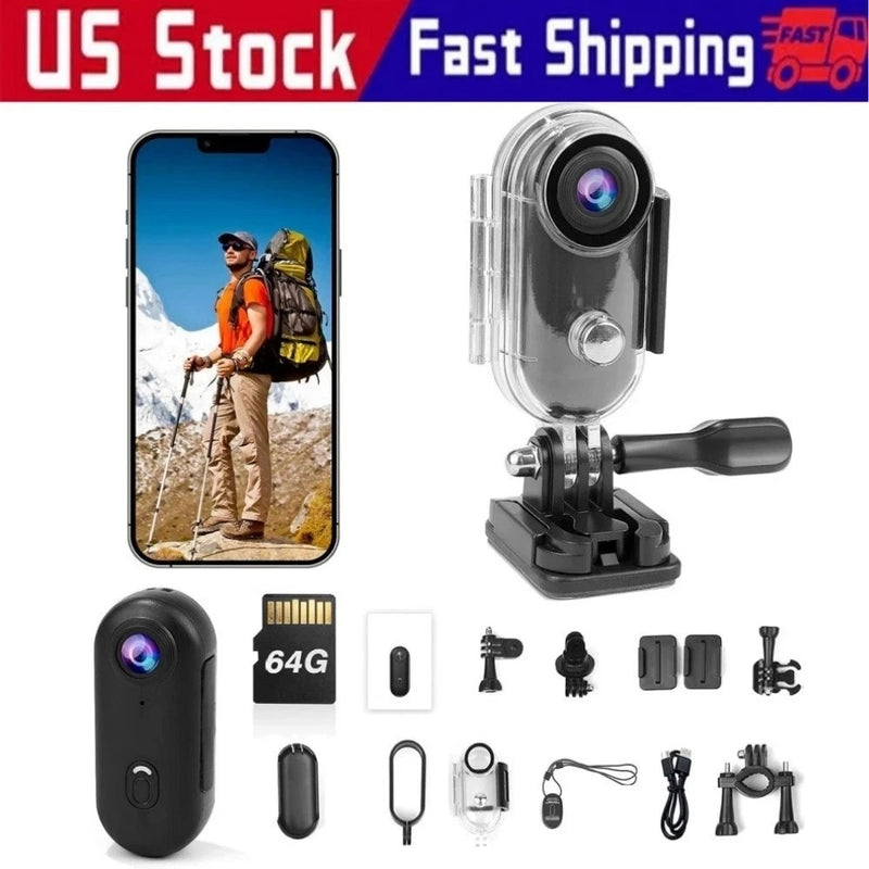 4K Mini Body Camera with Screen 64G POV Action Cam Waterproof Bike Cycling Black