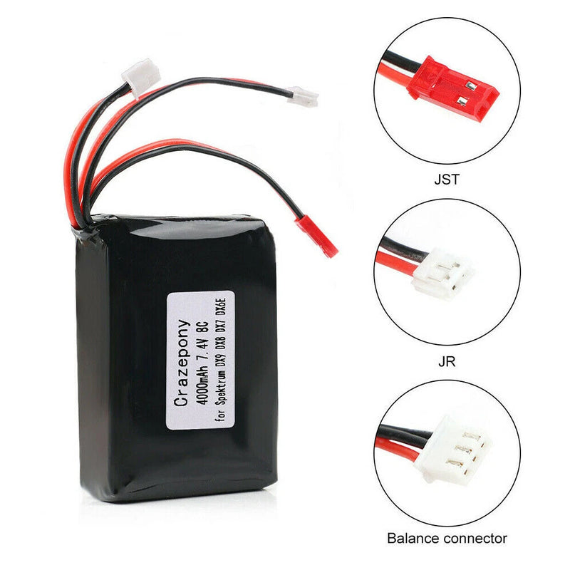 Crazepony 4000mAh 2S Lipo Battery 8C / 16C 7.4V JST JR Plug for Spektrum DX9 DX8 Battery