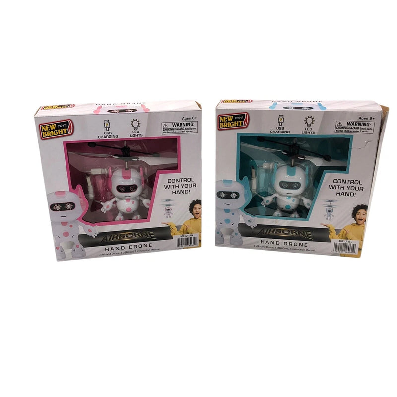 Hand control LED drone toy set in retail boxes, pink and blue
