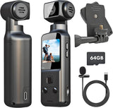 Black 4K body camera kit with LCD screen, clip mount, mic, 64GB card and cable