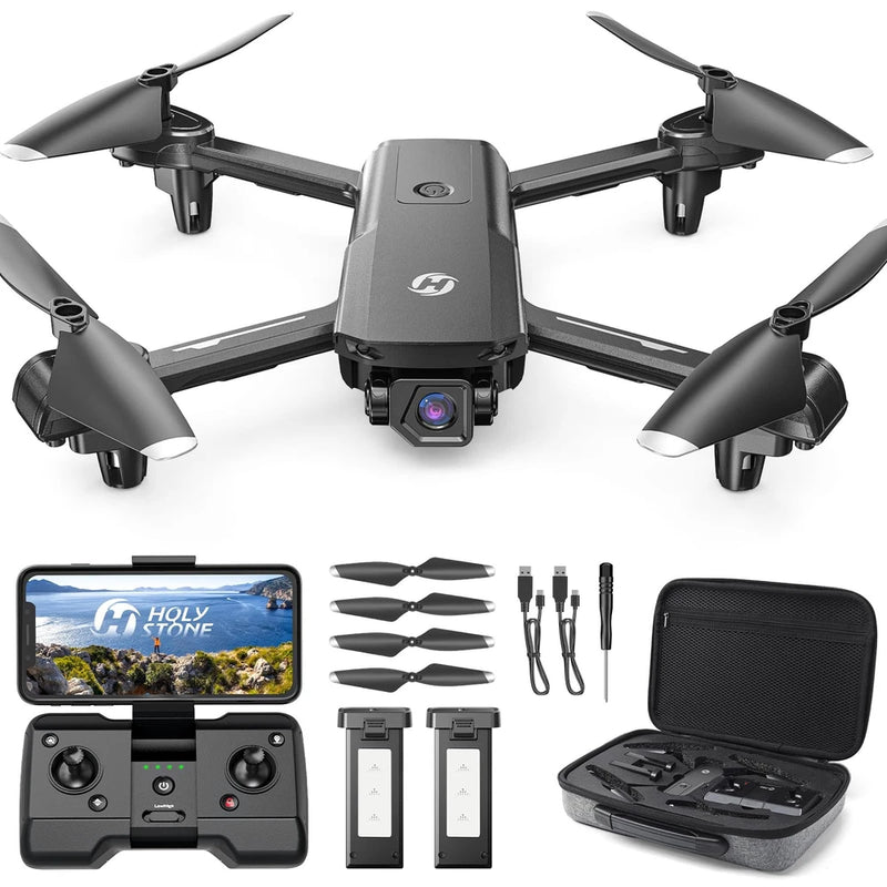 Black Holy Stone drone with controller, extra batteries, and zippered carrying case kit