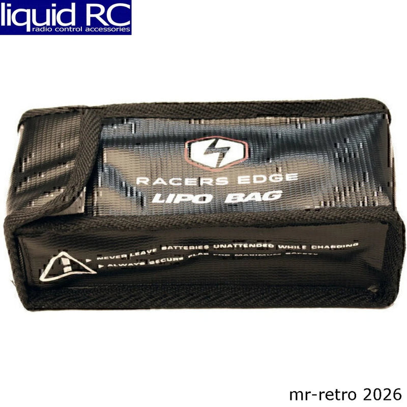 Racers Edge LiPo battery safety bag, dark gray fabric with logo patch and hook strap