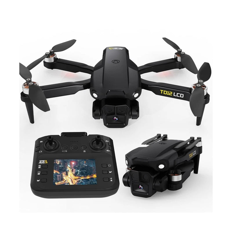 Black quadcopter drone with remote controller and LCD screen