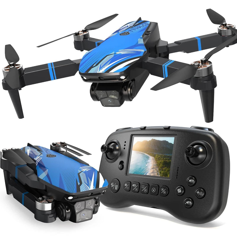 Blue quadcopter drone with camera and black LCD controller with screen