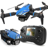 Blue quadcopter drone with camera and black LCD controller with screen