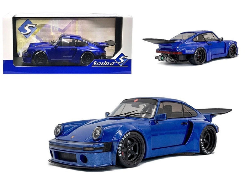Dark blue 1:18 scale Porsche 911 KS-R diecast model car with rear spoiler, front three-quarter view