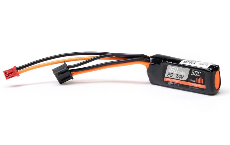 Spektrum 2S LiPo battery with dual wire connectors and orange label