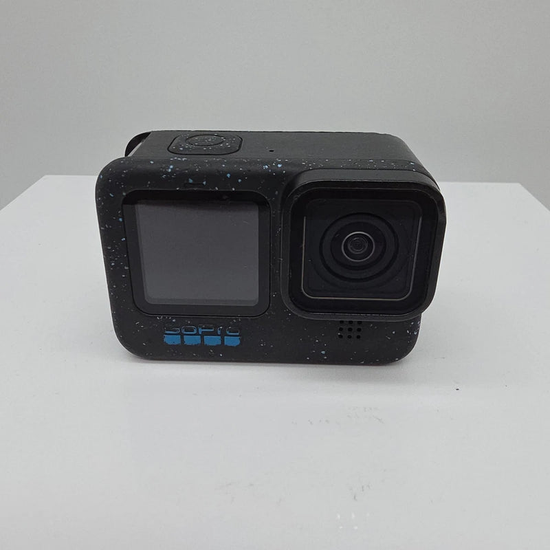 Black GoPro HERO12 action camera with front screen and dual lens housing