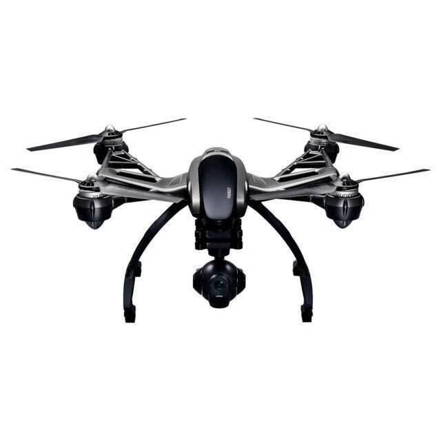 Black quadcopter drone with front camera and four propellers