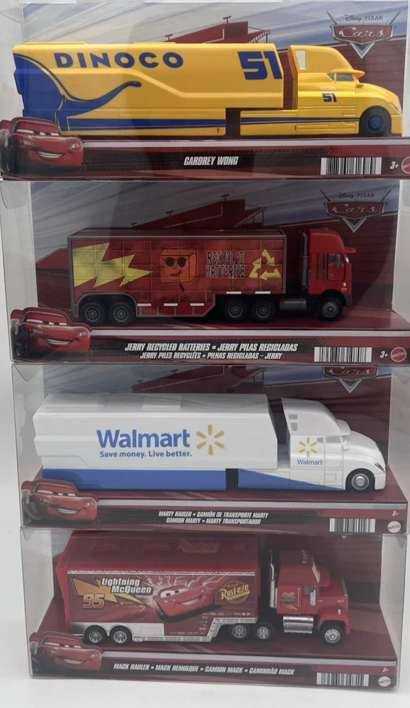 Dinoco yellow Cars semi truck hauler die-cast toy in retail box, front view