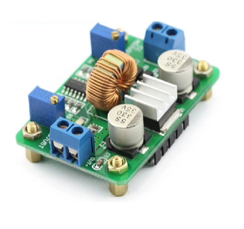 DC-DC adjustable LED driver module PCB with inductor, capacitors, blue terminal blocks