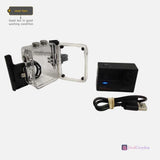 Action camera in clear waterproof housing with mounting bracket and USB charging cable