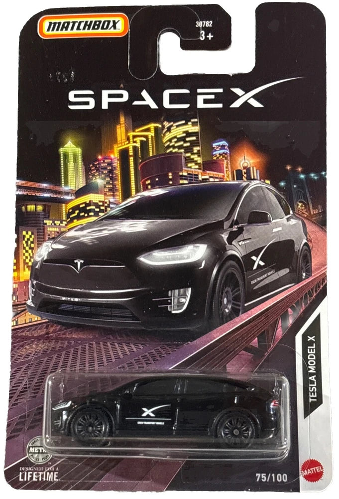 Matchbox SpaceX Tesla Model X toy car in black blister pack, die-cast vehicle