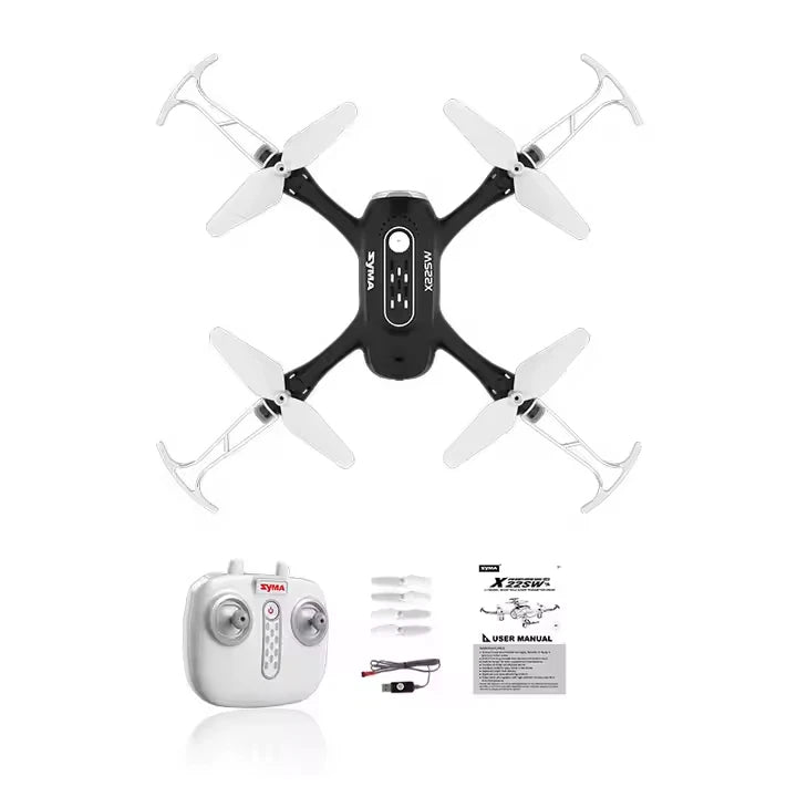RC quadcopter drone with 4 propellers, plus white remote controller and manual