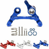 Adjustable blue steering servo bell crank with mounting hardware and springs