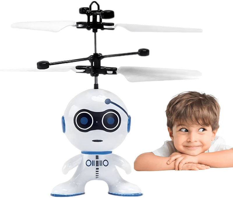 Flying robot toy drone with remote, white-and-blue body, four rotor propellers