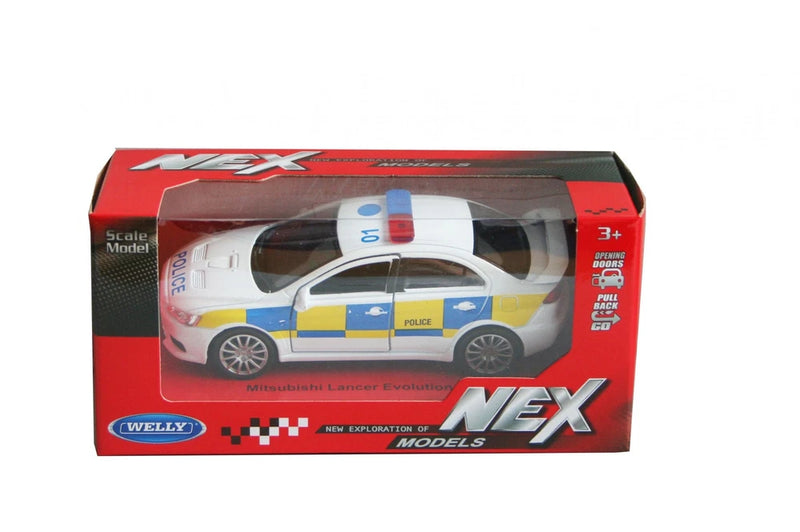 1:34 police car die-cast model in retail box, white with blue and yellow stripes