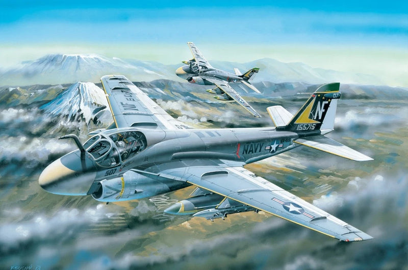 1/48 scale plastic model kit of a camouflaged Grumman A-6A Intruder aircraft