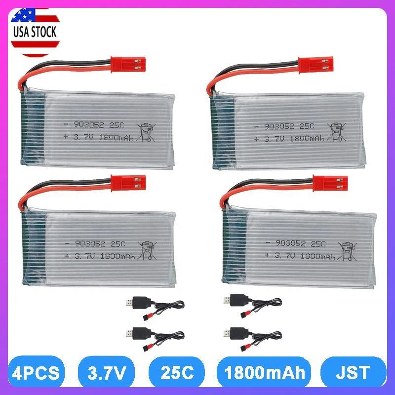 4Pcs 3.7V 1800mah 25C JST Plug Lipo Battery + USB Charger for RC Drone Battery