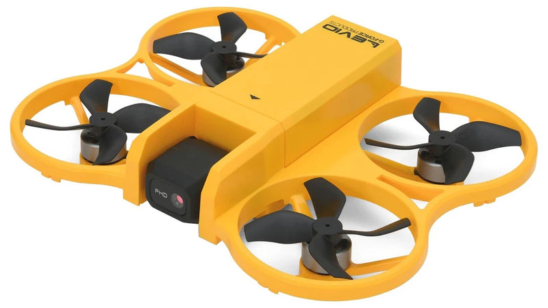 Yellow quadcopter drone with gimbal camera and four black propellers