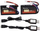 2 Pack 7.4V 900mAh Lipo Rechargeable Battery with PH2.0 Plug and Charger Cable Battery