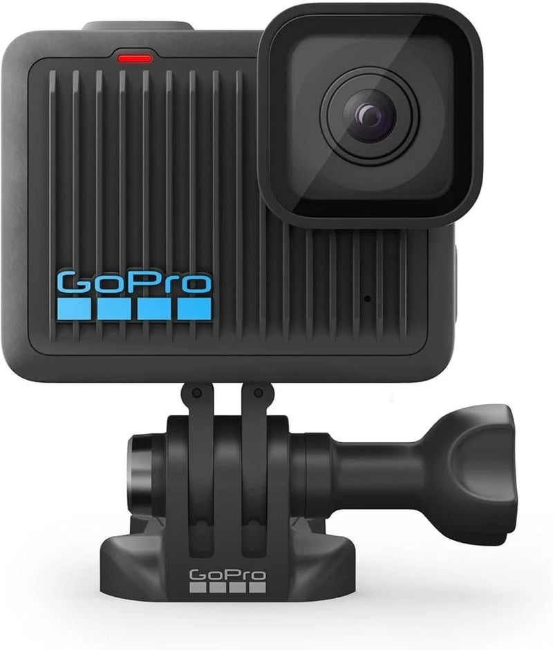 GoPro action camera with front lens and black mount base, side view