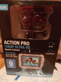 Waterproof sport action camera kit in retail box, showing camera housing and display