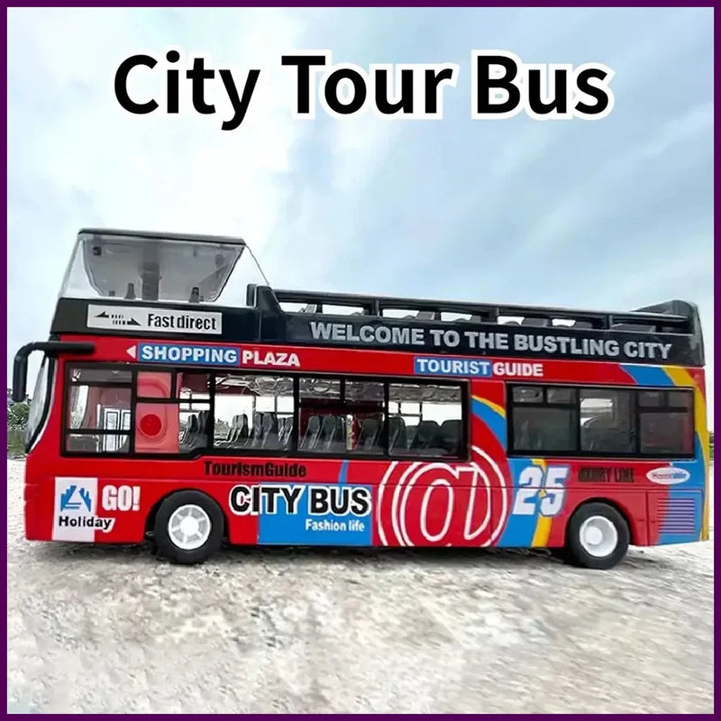 Red and blue double-decker city tour bus toy model, detailed windows and wheels