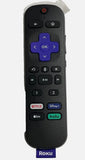 Black Roku TV voice remote with blue-highlight navigation buttons and keypad