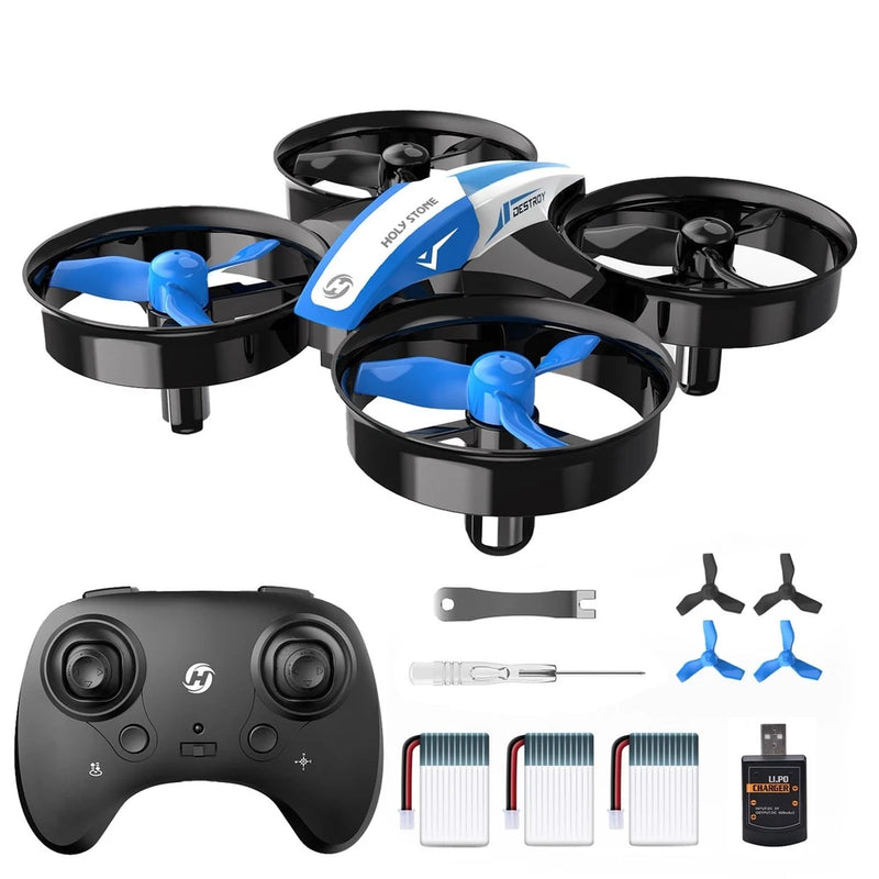 Mini RC quadcopter drone kit with blue propellers and black controller, plus spare parts.