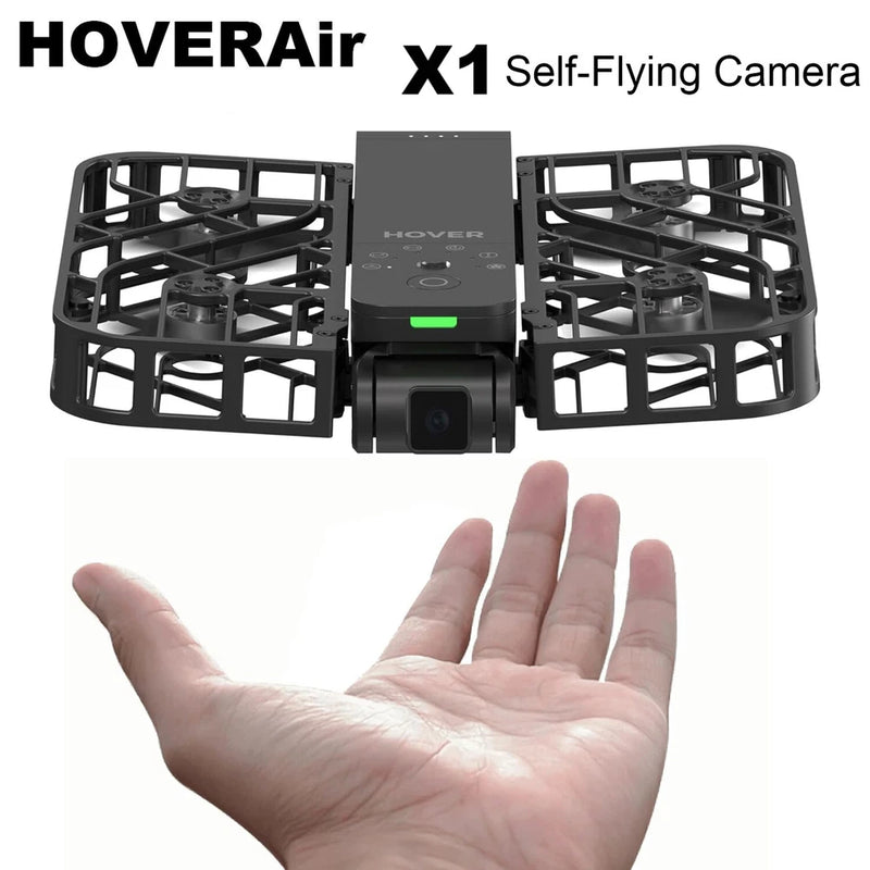 HOVERAir X1 pocket drone, black quadcopter frame with front camera and green indicator
