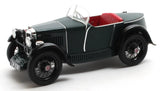 Vintage green convertible model car with red interior and black spoked wheels