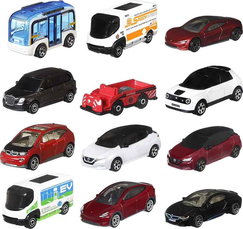 Set of 12 EV toy cars with assorted red, black, and white body styles