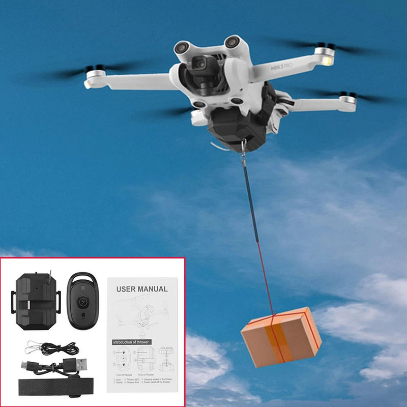 Drone airdrop system kit with drop mechanism releasing an orange package from drone