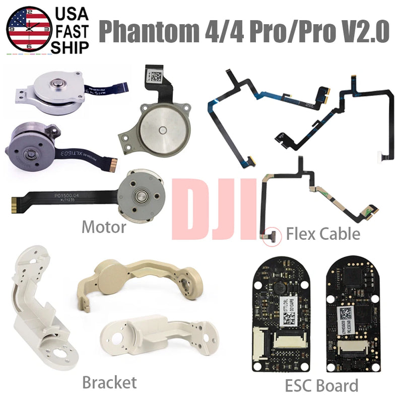 Drone gimbal camera ESC circuit board with flex cables, bracket, and motor parts