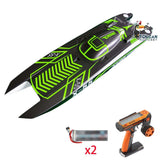 Black and green waterproof RC high-speed racing boat model with sleek hull
