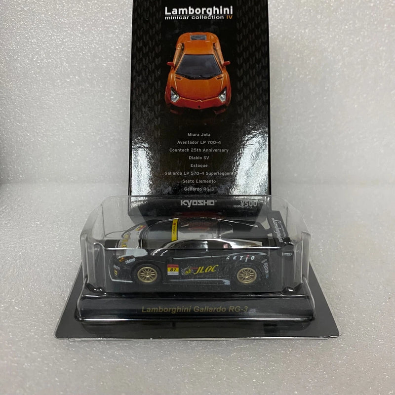 Black Lamborghini Gallardo RG-3 die-cast model car in display case, front view