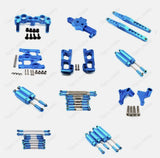 Blue aluminum RC car upgrade parts set with brackets, linkages, and mounting screws