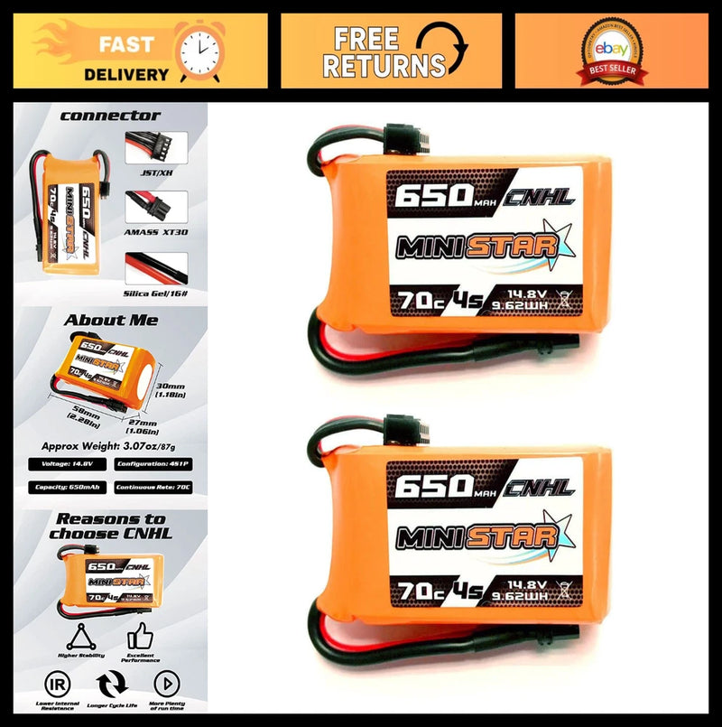 650mAh 14.8V 70C Lipo Battery XT30U Plug for Mini Quad FPV Drone UAV (2 Packs) Battery