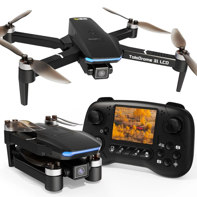 Toladrone drone with quad propellers and color LCD remote controller
