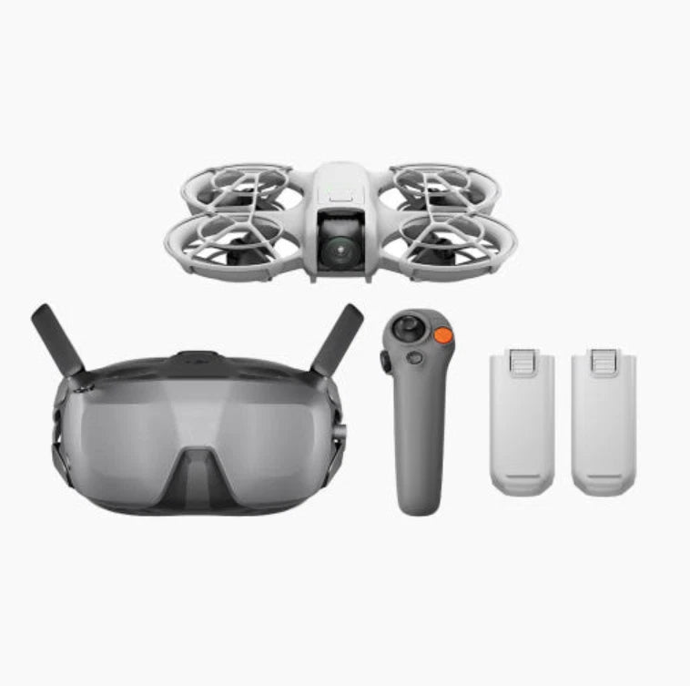 DJI Neo Motion Fly More combo drone kit with controller, goggles, and spare batteries