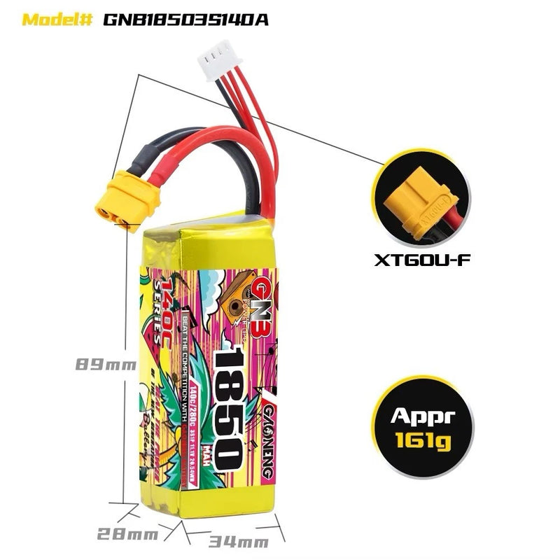 LiPo 3S 11.1V 1850 mAh 140C/280C XT60 GNB High Performance Racing Car FPV Drone