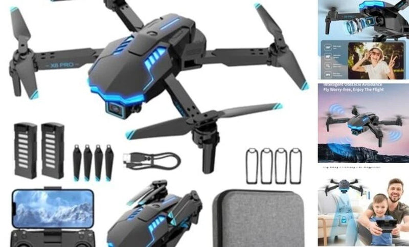 Brushless camera drone with blue LED lights, four propellers, and foldable arms