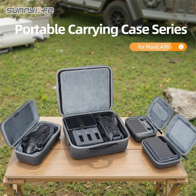 Drone body storage bag with hard-shell compartments, open case for drone accessories