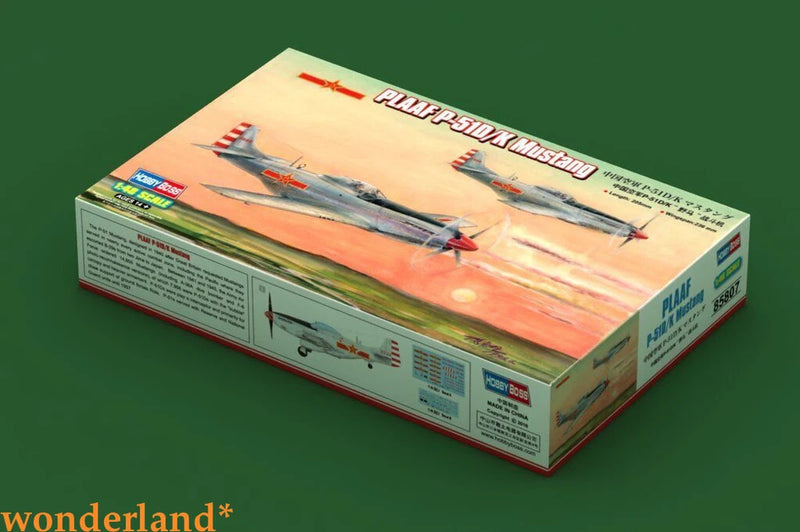 Plastic model airplane kit box with P-51 Mustang artwork and colorful markings