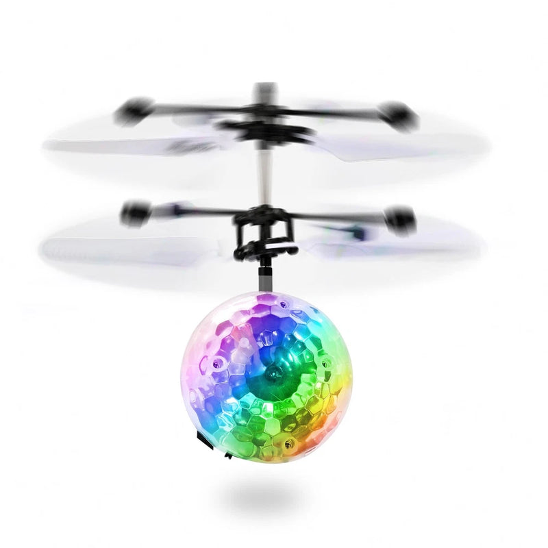 RC flying ball drone with multicolor LED light sphere and quadcopter arms