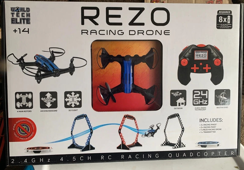REZO racing drone box with quadcopter and controller, accessories included