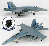 Gray F/A-18C Hornet model with blue tail markings, landing gear and wings visible