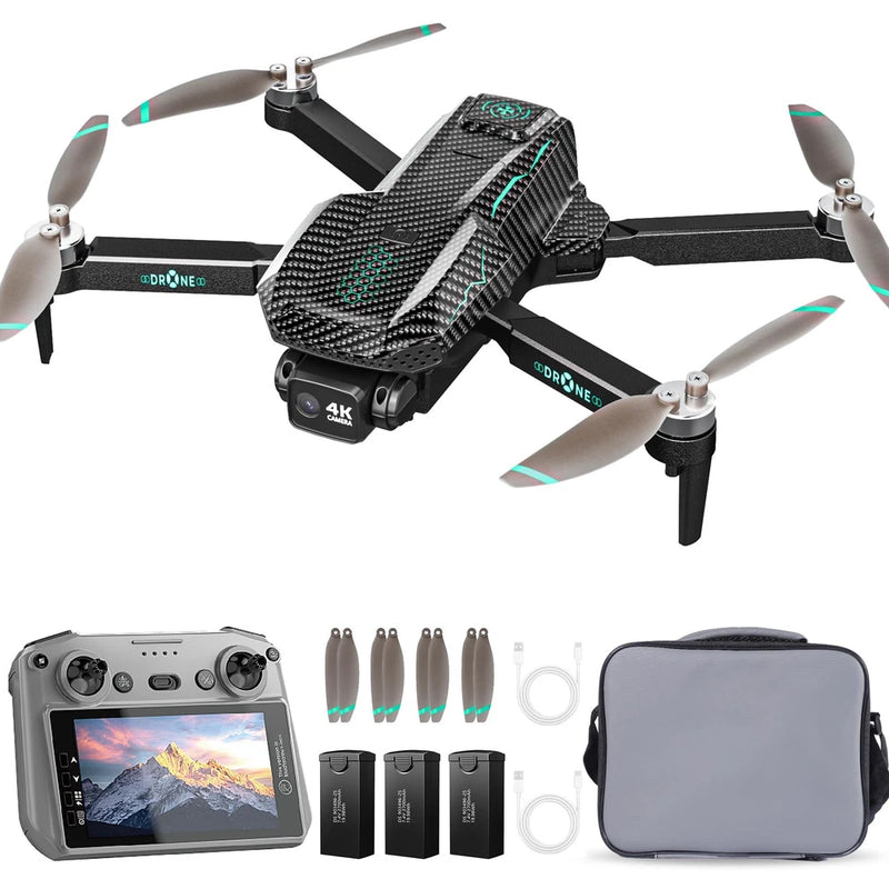 GPS drone with 4K camera, propellers, gray controller with screen, batteries, case