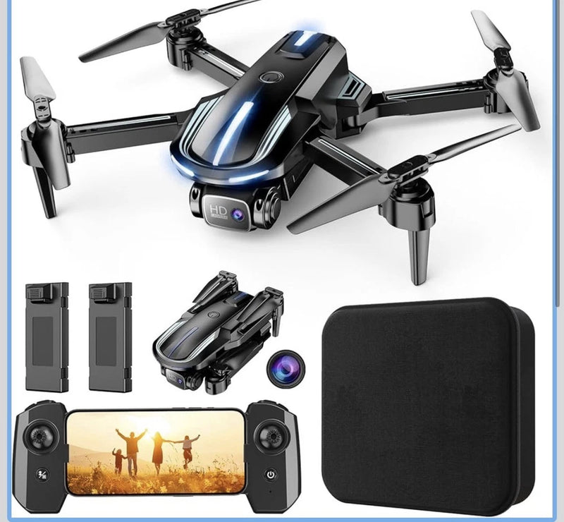 RC quadcopter drone with camera, 4 propellers, remote, spare batteries, carrying case